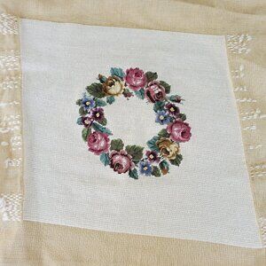 Embroidered Floral Wall Hanging 14.5" Square Handmade Roses Pink Cottagecore